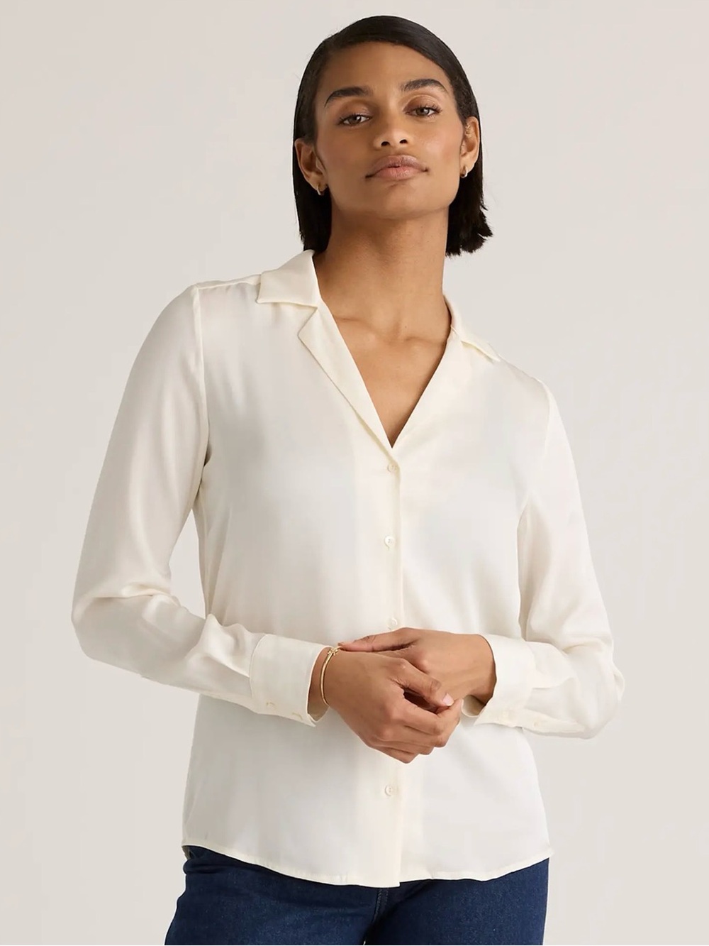 Quince Washable Stretch Silk Notch Collar Blouse in Cream Size L